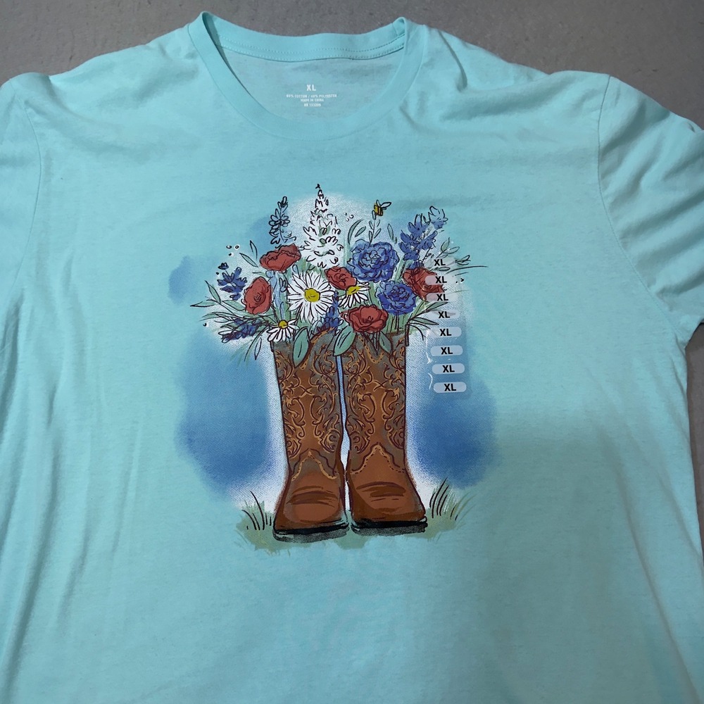 Womens XL Turquoise T Shirt Cowboy Boots‎ Floral Print Graphic Tee NWT